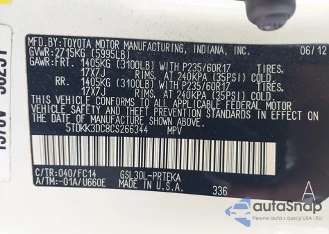 2012 Toyota Sienna Le V6 8 Passenger from USA, damaged, VIN 5TDKK3DC8CS266344